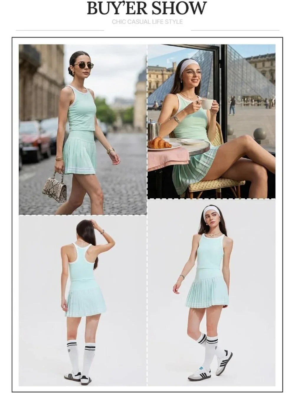 Women's Mint Green 2 Piece Racer Back Tennis Skirt Tank Top Pull On Golf Dress